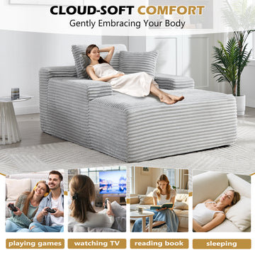 67 in. Chaise Lounge Chair 9.9 in. Wide Armrest Indoor Corduroy Oversized Sleeper Sofa for Living Room Deep Seat Lounge and Three Soft Pillows Convertible Boneless Sofa Bed, Light Grey,No Assembly Required