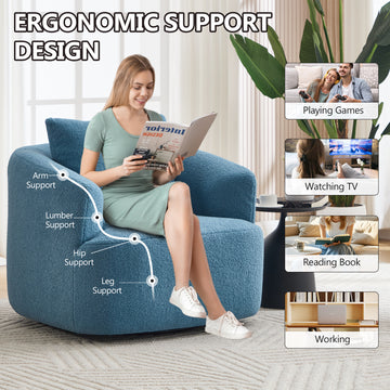 360 Swivel Round Upholstered Comfy Chair With One Soft Pillow, Teddy Fleece High-Resilience Sponge Single Sofa, No Assembly for Living Room, Bedroom, Apartment, Blue