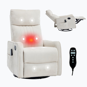 Beige Heat Massage Manual Recliner Chair with Rocker and Swivel in Fabric for Living Room