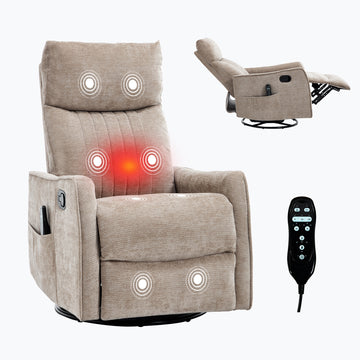 Khaki Heat Massage Manual Recliner Chair with Rocker and Swivel in Fabric for Living Room