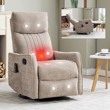Khaki Heat Massage Manual Recliner Chair with Rocker and Swivel in Fabric for Living Room
