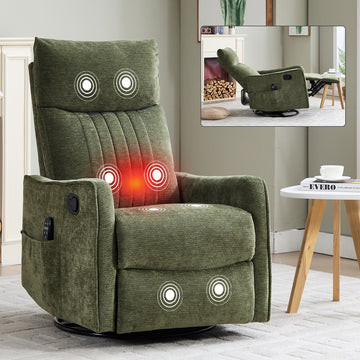 Green Heat Massage Manual Recliner Chair with Rocker and Swivel in Fabric for Living Room