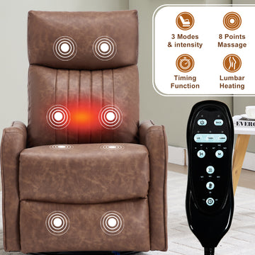 Brown Heat Massage Manual Recliner Chair with Rocker and Swivel in Faux Leather for Living Room