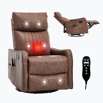 Brown Heat Massage Manual Recliner Chair with Rocker and Swivel in Faux Leather for Living Room