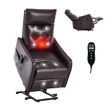 Brown PU Single Motor Power Lift Recliner Chair with Massage and Heat for Elderly, Heavy Duty Motion Mechanism and One USB for Charging, Max Reclining Angle 155 Degrees
