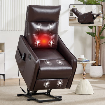 Brown PU Single Motor Power Lift Recliner Chair with Massage and Heat for Elderly, Heavy Duty Motion Mechanism and One USB for Charging, Max Reclining Angle 155 Degrees