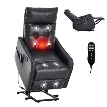 Deep Grey PU Single Motor Power Lift Recliner Chair with Massage and Heat for Elderly, Heavy Duty Motion Mechanism and One USB for Charging, Max Reclining Angle 155