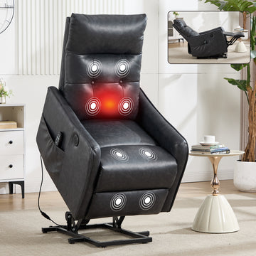 Deep Grey PU Single Motor Power Lift Recliner Chair with Massage and Heat for Elderly, Heavy Duty Motion Mechanism and One USB for Charging, Max Reclining Angle 155