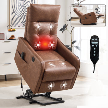 Brown PU Single Motor Power Lift Recliner Chair with Massage and Heat for Elderly, Heavy Duty Motion Mechanism and One USB for Charging, Max Reclining Angle 155 Degrees