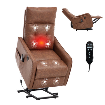 Brown PU Single Motor Power Lift Recliner Chair with Massage and Heat for Elderly, Heavy Duty Motion Mechanism and One USB for Charging, Max Reclining Angle 155 Degrees
