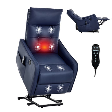 Deep Blue PU Single Motor Power Lift Recliner Chair with Massage and Heat for Elderly, Heavy Duty Motion Mechanism and One USB for Charging, Max Reclining Angle 155 Degrees