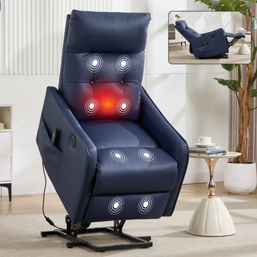 Deep Blue PU Single Motor Power Lift Recliner Chair with Massage and Heat for Elderly, Heavy Duty Motion Mechanism and One USB for Charging, Max Reclining Angle 155 Degrees