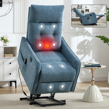 Blue Chenille Single Motor Power Lift Recliner Chair with Massage and Heat for Elderly, Heavy Duty Motion Mechanism and One USB for Charging, Max Reclining Angle 155 Degrees