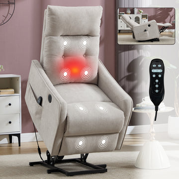 Beige Chenille Single Motor Power Lift Recliner Chair with Massage and Heat for Elderly, Heavy Duty Motion Mechanism and One USB for Charging, Max Reclining Angle 155 Degrees