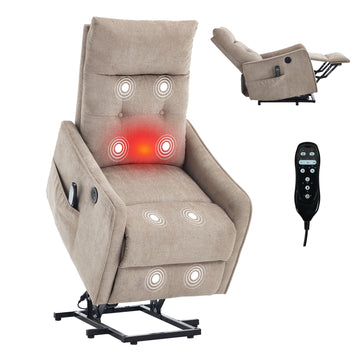 Khaki Chenille Single Motor Power Lift Recliner Chair with Massage and Heat for Elderly, Heavy Duty Motion Mechanism and One USB for Charging, Max Reclining Angle 155 Degrees
