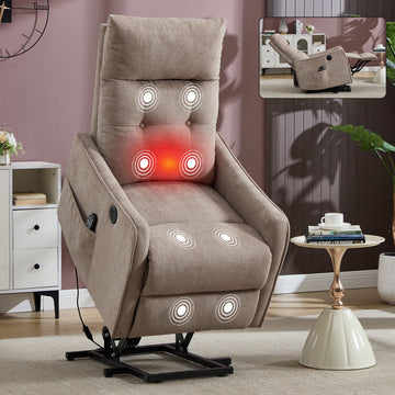 Khaki Chenille Single Motor Power Lift Recliner Chair with Massage and Heat for Elderly, Heavy Duty Motion Mechanism and One USB for Charging, Max Reclining Angle 155 Degrees