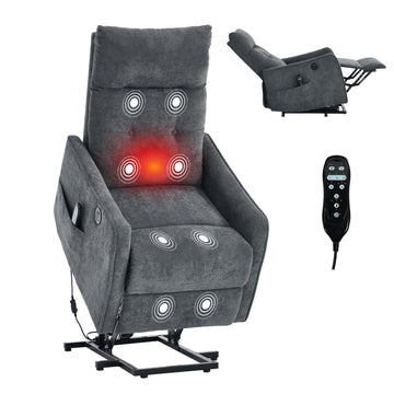 Grey Chenille Single Motor Power Lift Recliner Chair with Massage and Heat for Elderly, Heavy Duty Motion Mechanism and One USB for Charging, Max Reclining Angle 155 Degrees