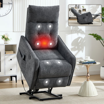 Grey Chenille Single Motor Power Lift Recliner Chair with Massage and Heat for Elderly, Heavy Duty Motion Mechanism and One USB for Charging, Max Reclining Angle 155 Degrees