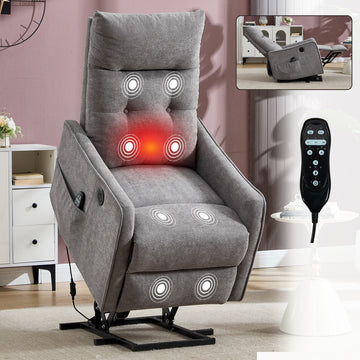 Light Grey Chenille Single Motor Power Lift Recliner Chair with Massage and Heat for Elderly, Heavy Duty Motion Mechanism and One USB for Charging, Max Reclining Angle 155 Degrees