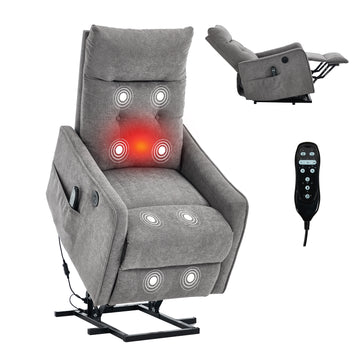 Light Grey Chenille Single Motor Power Lift Recliner Chair with Massage and Heat for Elderly, Heavy Duty Motion Mechanism and One USB for Charging, Max Reclining Angle 155 Degrees