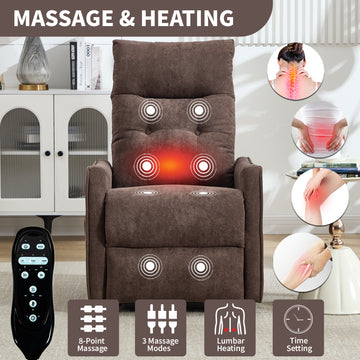 Brown Chenille Single Motor Power Lift Recliner Chair with Massage and Heat for Elderly, Heavy Duty Motion Mechanism and One USB for Charging, Max Reclining Angle 155 Degrees