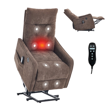 Brown Chenille Single Motor Power Lift Recliner Chair with Massage and Heat for Elderly, Heavy Duty Motion Mechanism and One USB for Charging, Max Reclining Angle 155 Degrees