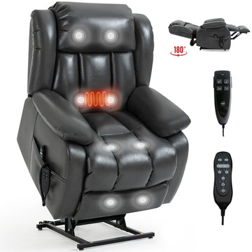 Grey Leatheraire Power Lift Recliner Chair with 8 Point Vibration Massage and Lumbar Heating