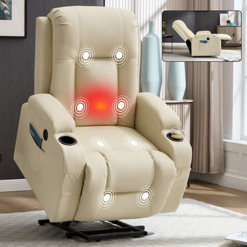 Beige PU Infinite Position Up to 350 LBS Power Lift Recliner Chair for Elderly, Heavy Duty Motion Mechanism with 8-Point Vibration Massage and Lumbar Heating, USB Charging Port