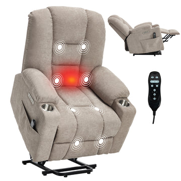 Power Lift Recliner Chair with Massage and Heat for Elderly, Overstuffed Wide Recliners, Heavy Duty Motion Mechanism with USB and Type C Ports