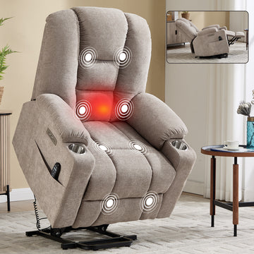 Power Lift Recliner Chair with Massage and Heat for Elderly, Overstuffed Wide Recliners, Heavy Duty Motion Mechanism with USB and Type C Ports