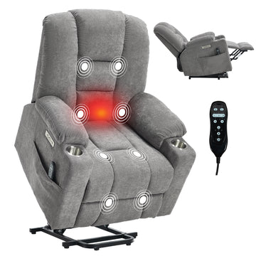 Power Lift Recliner Chair with Massage and Heat for Elderly, Overstuffed Wide Recliners, Heavy Duty Motion Mechanism with USB and Type C Ports, 2 Steel Cup Holders