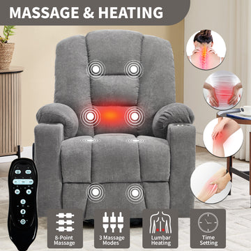 Power Lift Recliner Chair with Massage and Heat for Elderly, Overstuffed Wide Recliners, Heavy Duty Motion Mechanism with USB and Type C Ports, 2 Steel Cup Holders
