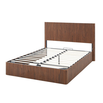 Queen Size Lift-Up Storage Bed Frame with Hydraulic Storage, Wooden Corrugated Curved Design, No Box Spring Needed, Walnut