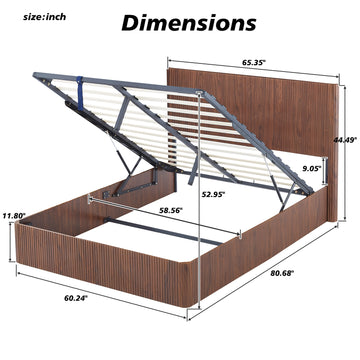 Queen Size Lift-Up Storage Bed Frame with Hydraulic Storage, Wooden Corrugated Curved Design, No Box Spring Needed, Walnut