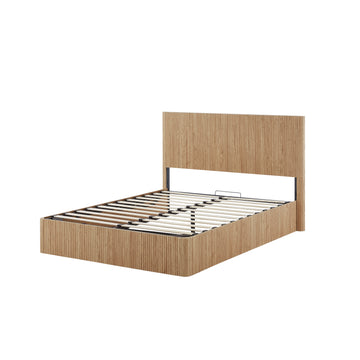 Queen Size Lift-Up Storage Bed Frame with Hydraulic Lift, Wooden Corrugated Panels, No Box Spring Needed, Oak