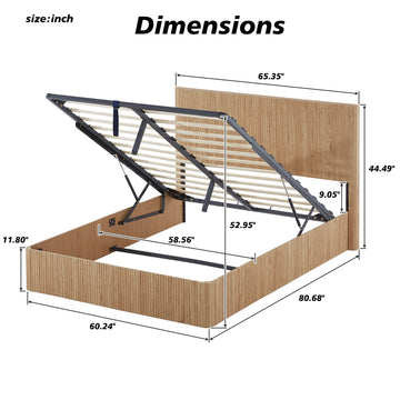 Queen Size Lift-Up Storage Bed Frame with Hydraulic Lift, Wooden Corrugated Panels, No Box Spring Needed, Oak
