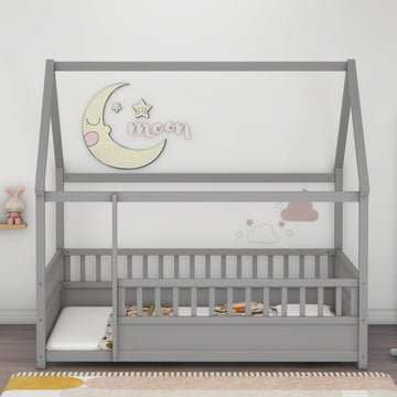 Full Size House Frame Floor Bed with Wood Roof and High Fence Design
