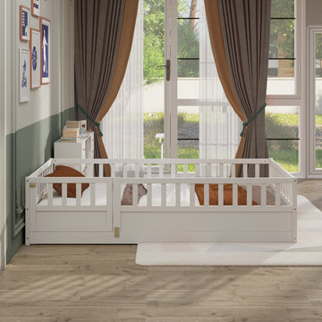 Twin Size Floor Bed with High Fence and Solid Pine Wood Construction
