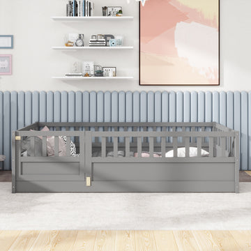 Twin Size Floor Bed with High Fence and Solid Pine Wood Construction
