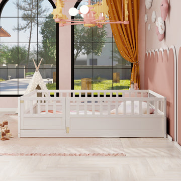 Full Size Floor Bed with High Fence and Solid Pine Wood Construction