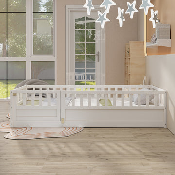 Twin Size Floor Bed with High Fence Support Slats and Solid Pine Wood