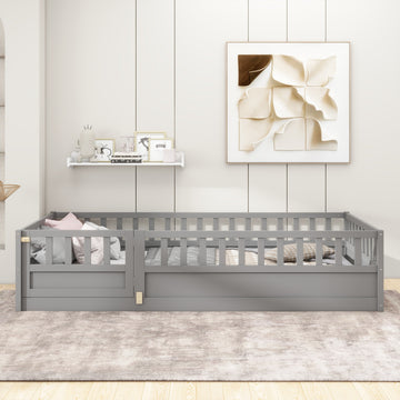 Twin Size Floor Bed with High Fence Support Slats and Solid Pine Wood
