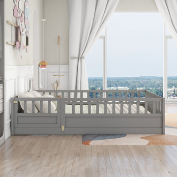 Full Size Floor Bed with High Fence Support Slats and Solid Pine Wood