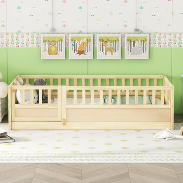 Twin Size Floor Bed with High Fence and Solid Pine Wood Construction