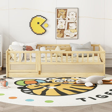 Twin Size Floor Bed with High Fence Support Slats and Solid Pine Wood