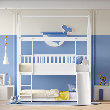 Twin Over Twin Wooden Bunk Bed with Built-in Slide and Safety Guardrails