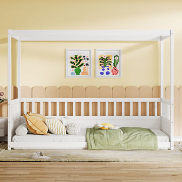 Twin Size Montessori Floor Bed with Wooden Canopy and High Guardrails