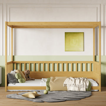 Twin Size Montessori Floor Bed with Wooden Canopy and High Guardrails