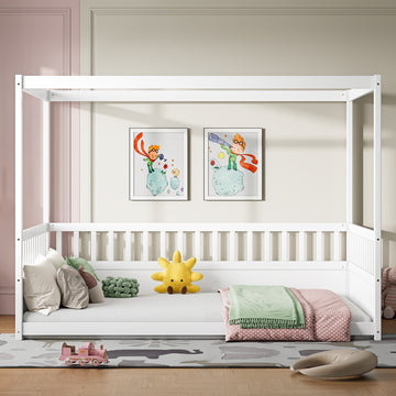 Full Size Montessori Floor Bed with Wooden Canopy and High Guardrails