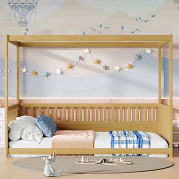 Full Size Montessori Floor Bed with Wooden Canopy and High Guardrails